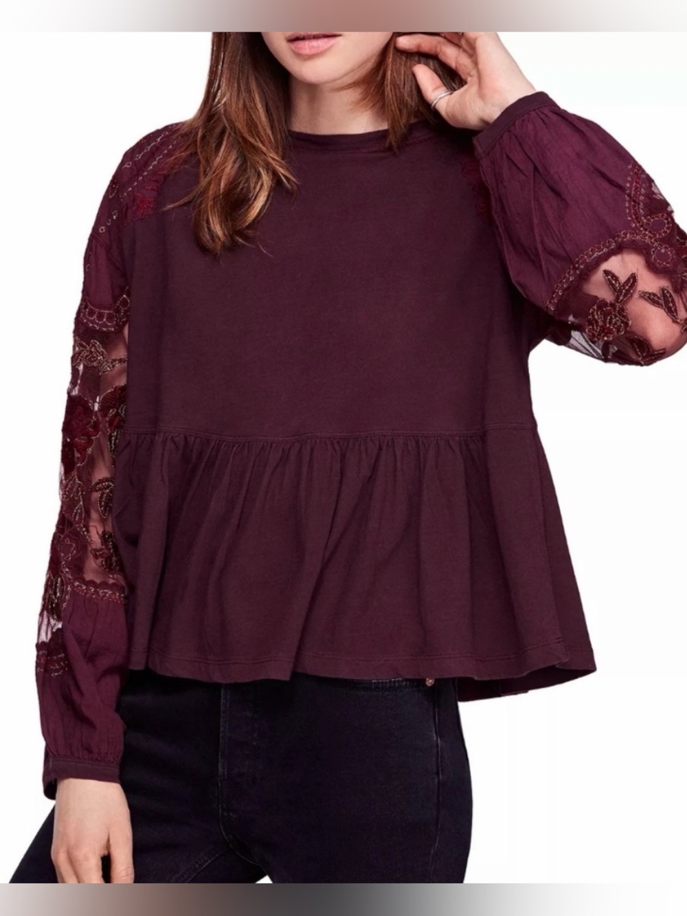 Free people penny embroidered long sleeve blouse size small wine